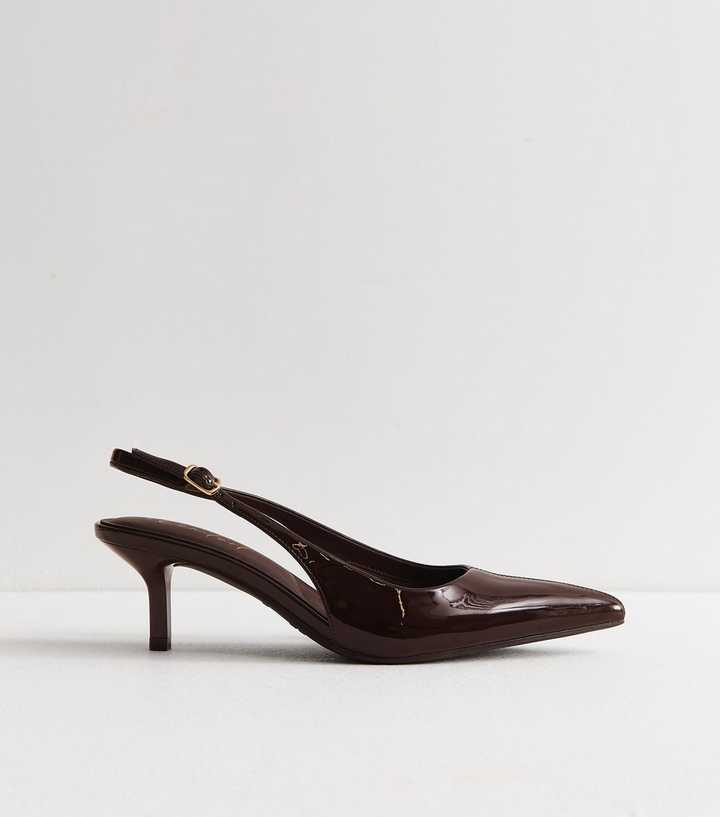 Wide Fit Dark Brown Patent Faux Leather Slingback Pumps