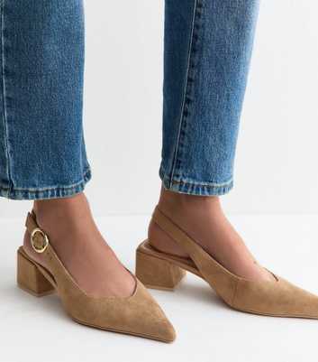 Camel Faux Suede Block Heel Pumps