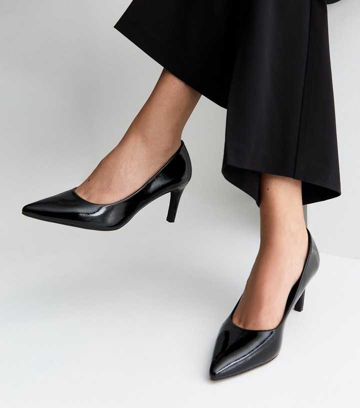 Black Patent Faux Leather Pointed Toe Court Shoes