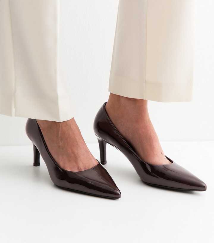 Dark Brown Patent Faux Leather Pointed Toe Court Shoes