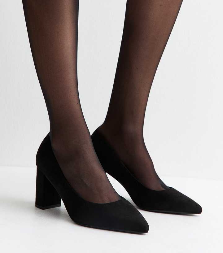 Wide Fit Black Faux Suede Pointed Toe Court Shoes