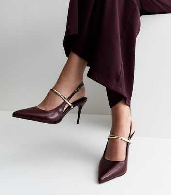 Dark Burgundy Faux Leather Metallic Strap Slingback Pumps