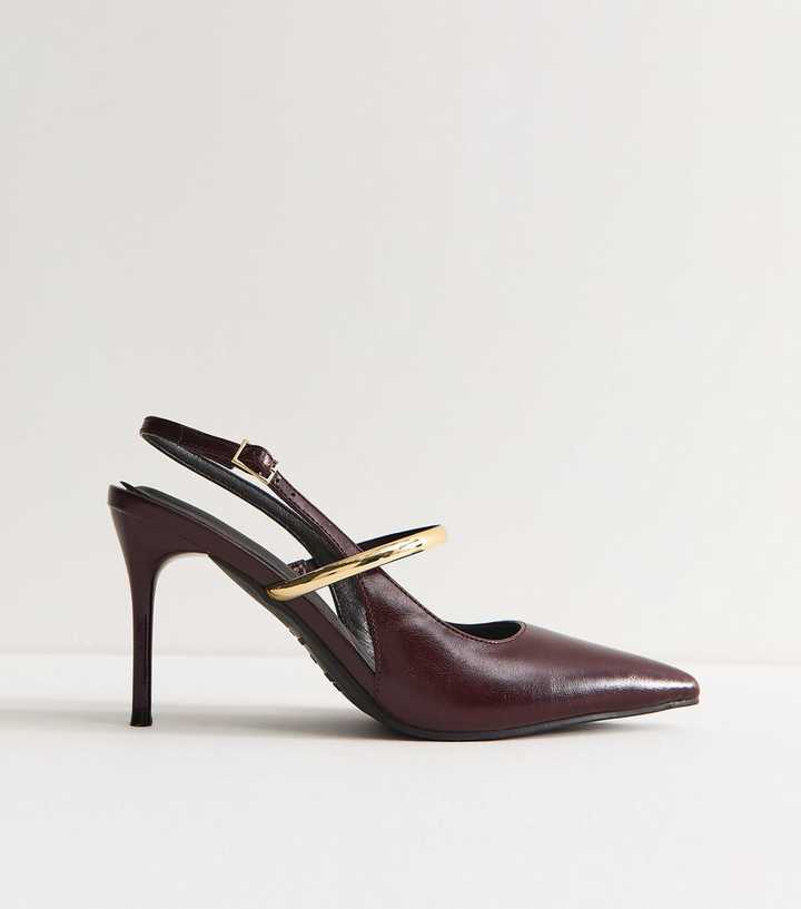 Wide Fit Dark Burgundy Faux Leather Metallic Strap Slingback Pumps | New Look Wide Fit Dark Burgundy Faux Leather Metallic Strap Slingback Pumps | New Look