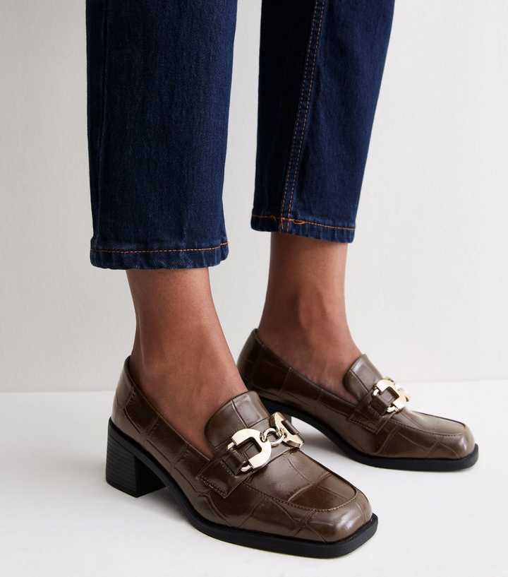 Dark Brown Faux Leather Crocodile Embossed Block Heel Loafers