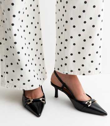 Black Patent Faux Leather Hardware Detail Slingback Pumps
