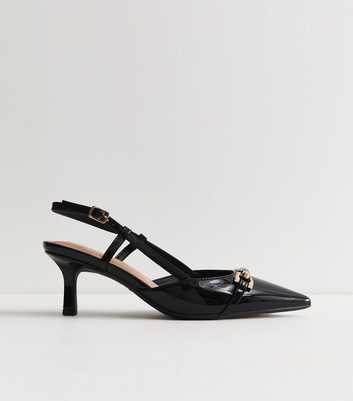 Black Patent Faux Leather Hardware Detail Slingback Pumps