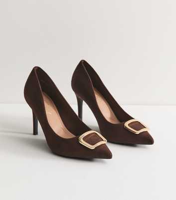 Wide Fit Dark Brown Faux Suede Buckle Front Court Shoes