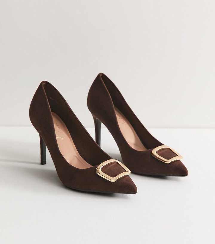 Wide Fit Dark Brown Faux Suede Buckle Front Court Shoes