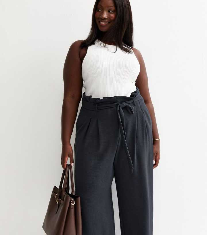 Curves Navy Paperbag Waist Wide Leg Trousers