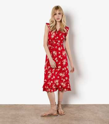 Apricot Red Floral Ruffled Midi Dress