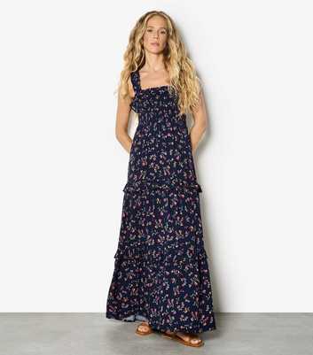 Apricot Navy Ditsy Floral Shirred Maxi Dress