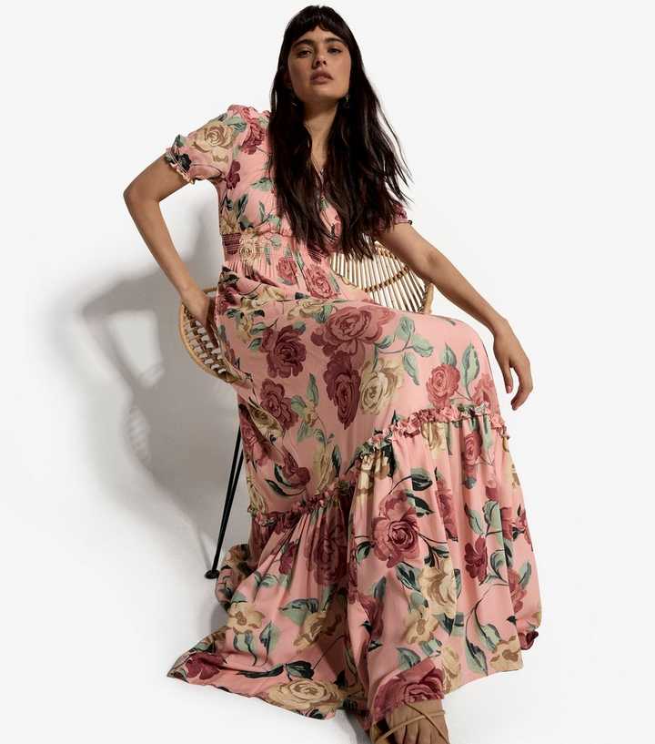 Apricot Pink Floral Print Wrap Maxi Dress