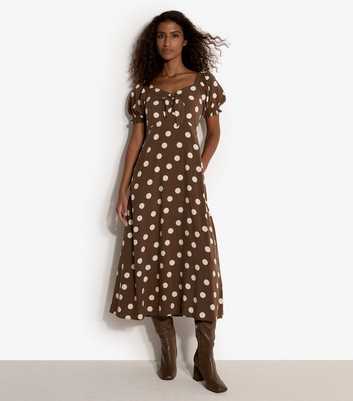 Apricot Brown Polka Dot Puff Sleeve Midi Dress