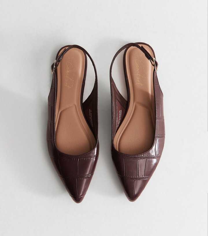 Dark Burgundy Crocodile Embossed Faux Leather Slingback Pumps