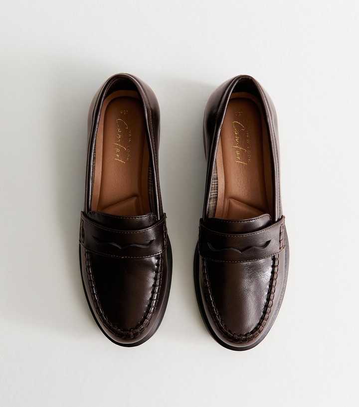 Dark Brown Faux Leather Shiny Penny Loafers