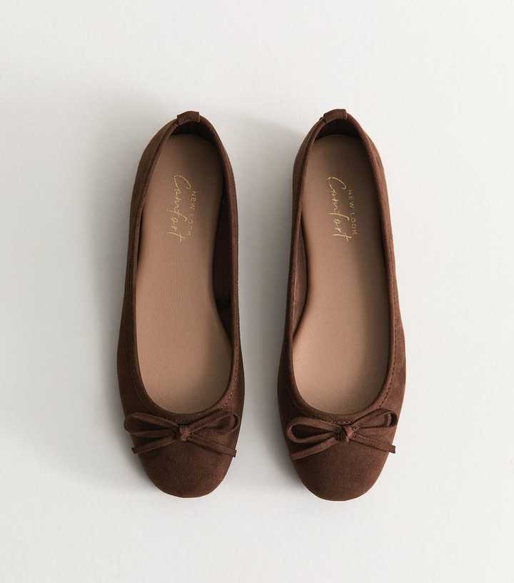 Brown Faux Suede Square Toe Ballerina Flats