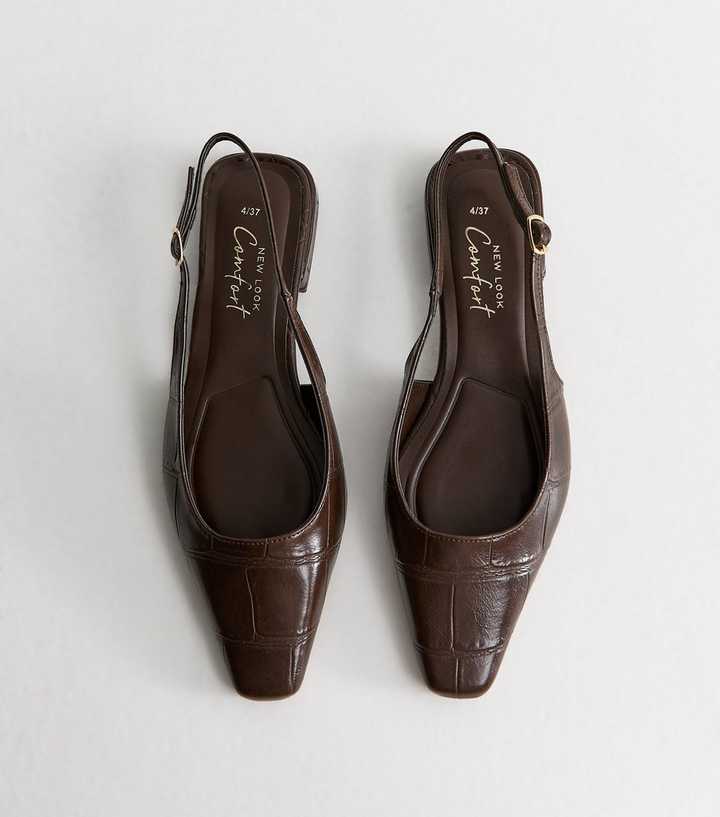 Dark Brown Croc Embossed Pointed Slingback Pumps
