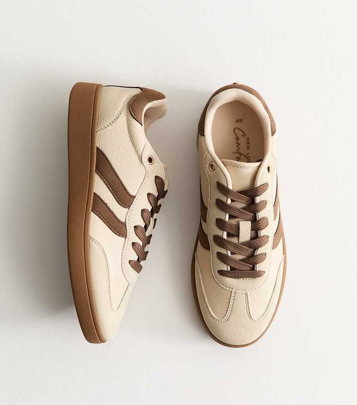 Light Brown Pebbled Faux Leather Contrast Stripe Panelled Trainers