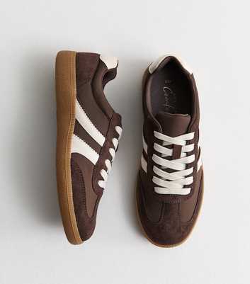 Dark Brown Faux Brushed Leather Side Stripe Trainers