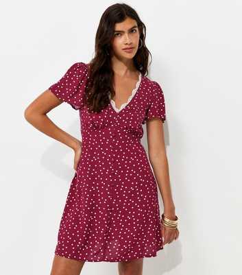 Dark Burgundy Polka Dot Lace Trim Tea Mini Dress