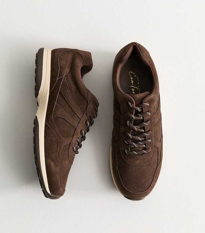 Dark Brown Faux Suede Panelled Lace Up Trainers