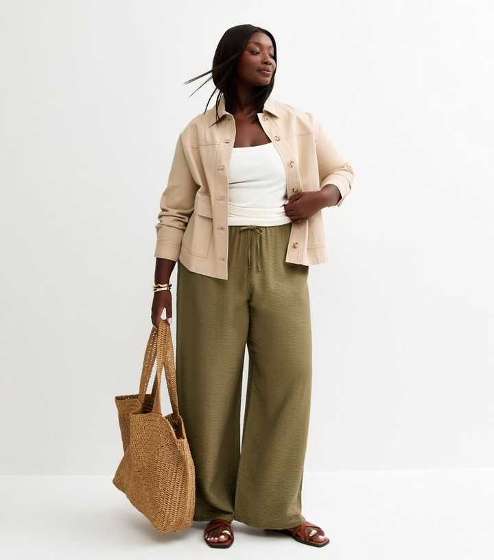 Curves Khaki Textured Wide Leg Trousers