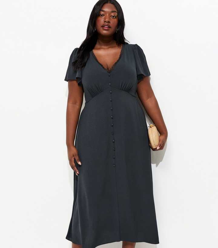 Curves Navy Lace Trim Midi Tea Dress