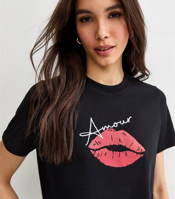 Black Amour Lips Print T-Shirt | New Look