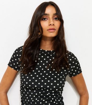 Black Polka Dot Textured Ruched Side Top | New Look