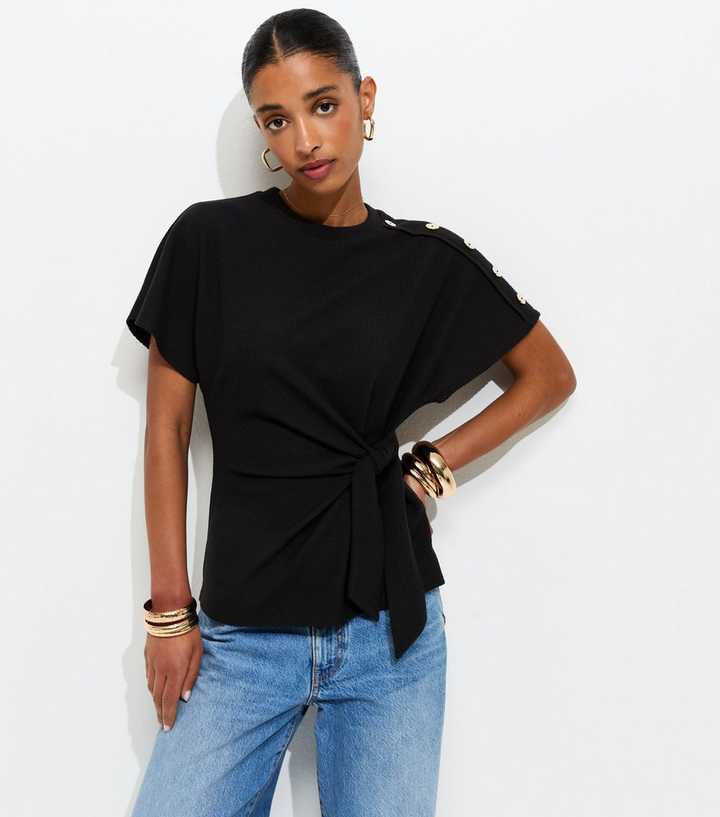 Black Ribbed Texture Button Detail Side Tie Top