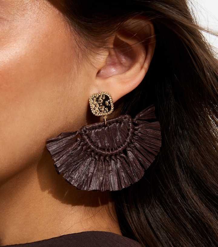 Brown Raffia Tassel Drop Earrings