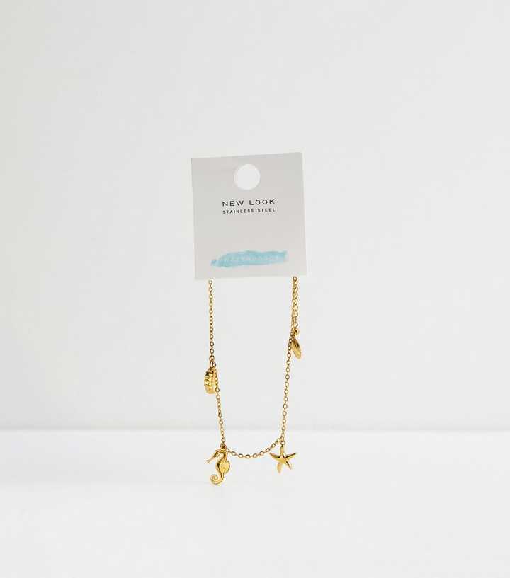 Gold Tone Waterproof Coastal Charm Chain Anklet