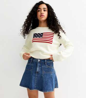Girls Cream American Flag Slash Neck Jumper