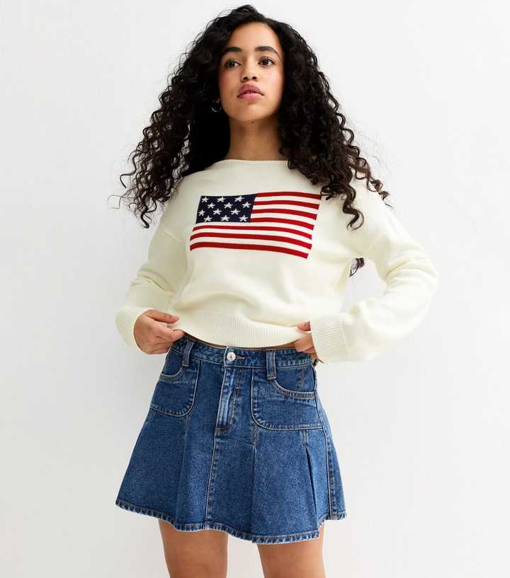 Girls Cream American Flag Slash Neck Jumper