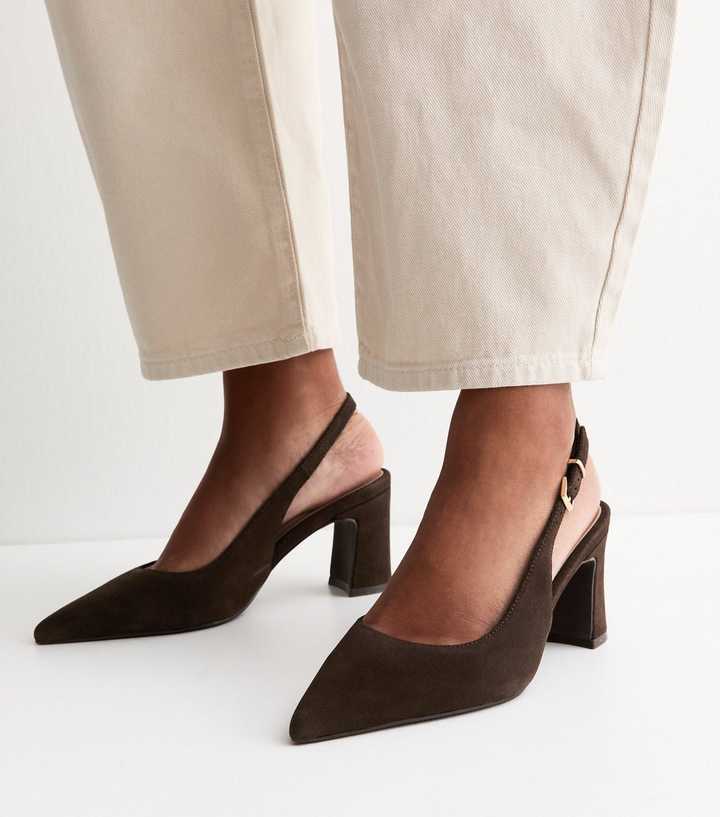 Dark Brown Faux Suede Pointed Toe Slingback pumps