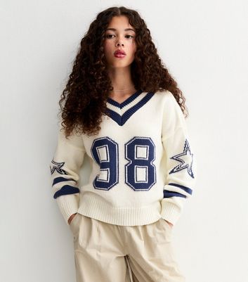 Girls Cream 98 Star Motif Knitted Football Jumper