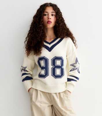 Girls Cream 98 Star Motif Knitted Football Jumper