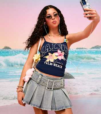 Girls Blue Rectangle Buckle Pleated Denim Skort