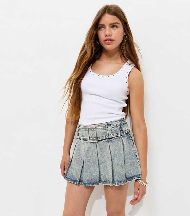Girls Blue Rectangle Buckle Pleated Denim Skort