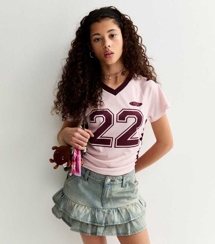 Girls Light Pink Ruched Side Crop Football Top