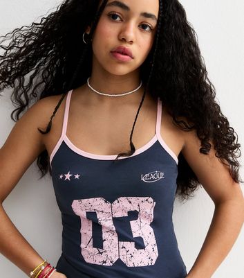 Girls Navy 03 League Print Contrast Trim Vest Top | New Look