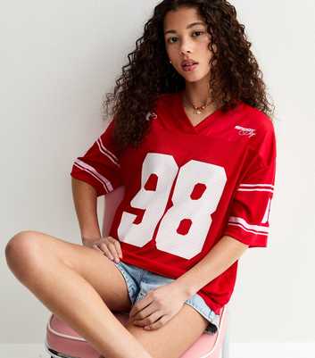 Girls Bright Red Longline Football Top