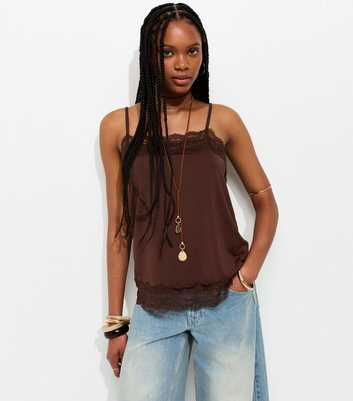 Dark Brown Longline Lace Trim Cami Top