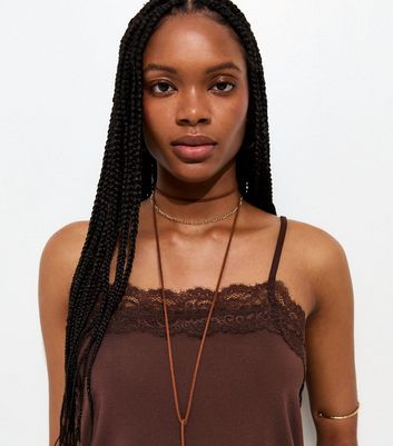 Dark Brown Longline Lace Trim Cami Top | New Look