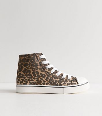 Brown Canvas Leopard Print High Top Trainers