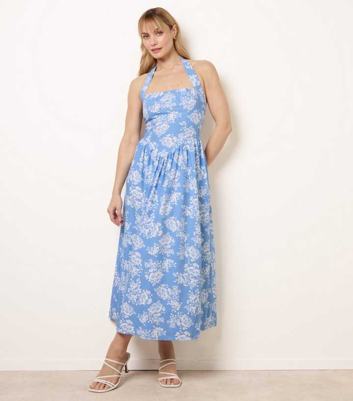 Blue Vanilla Blue Floral Print Halter Neck Midi Dress