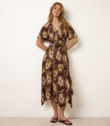 Blue Vanilla Dark Brown Shirred Waist Handkerchief Hem Midi Dress