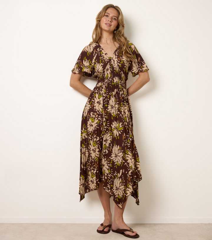 Blue Vanilla Dark Brown Shirred Waist Handkerchief Hem Midi Dress