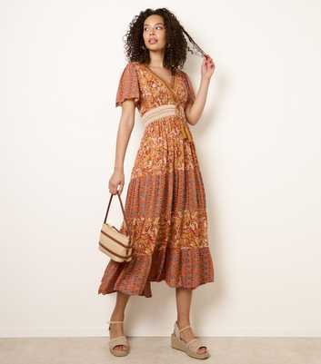 Blue Vanilla Brown Mixed Print Beaded Wrap Style Midi Dress