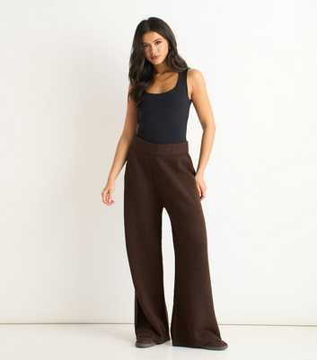 Gini London Dark Brown Brushed Knit Wide Leg Trousers